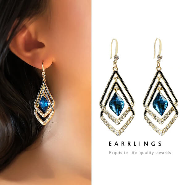 Korean Blue Geometric Double Earrings